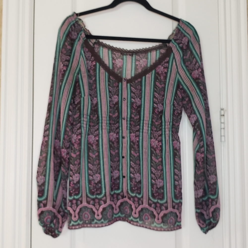 Antonio Melani Floral Striped Sheer Boho Peasant Lace Top XS - Picture 1 of 6